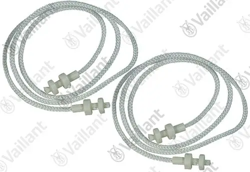 Weiße Fangbänder aus geflochtenem Material mit Kunststoffteilen, geeignet für Anwendungen im Heizungsbereich. Produkt der Marke Vaillant.